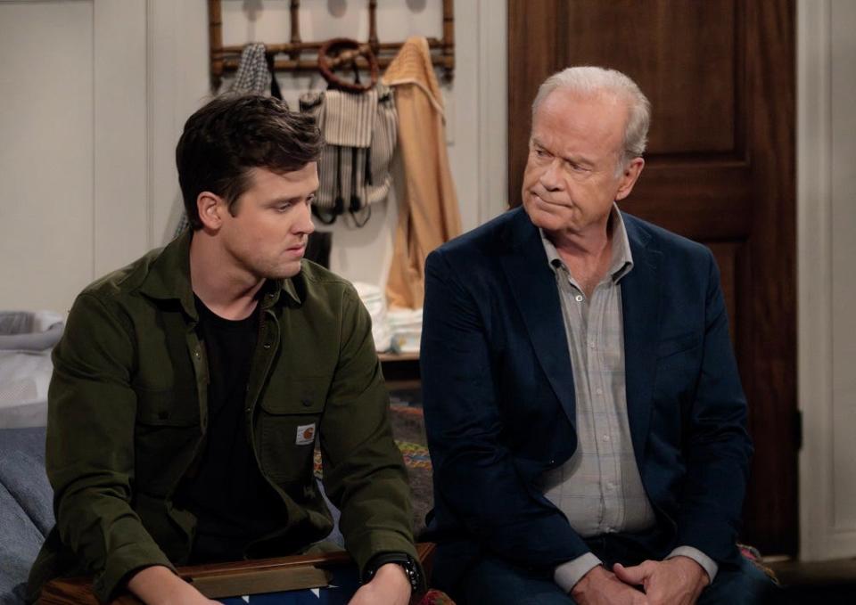 Freddy Crane (Jack Cutmore-Scott), with dad Frasier Crane (Kelsey Grammer), is a chip off the old grandfather Martin Crane (John Mahoney).