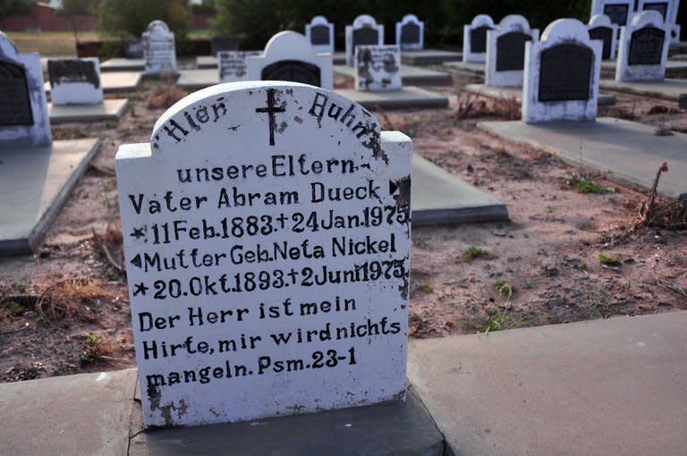 Partial view of the Mennonite cemetery in Filadelfia, 500 km north of Asuncion, Paraguay, pictured on November 3, 2012. Established in 1927 by Mennonites fleeing Germany and the Soviet Union under Stalin, the deeply pacifist Protestant community has survived and flourished to become an important generator of wealth for Paraguay