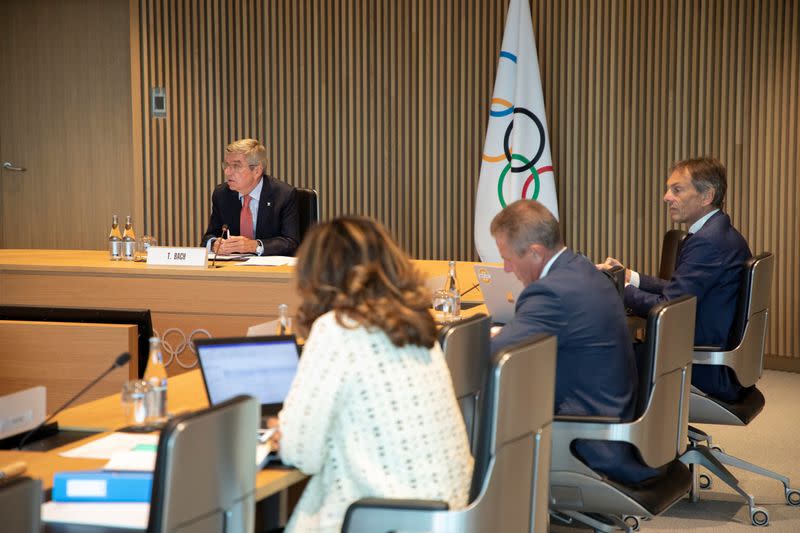 Thomas Bach, President of the International Olympic Committee (IOC) attends a meeting of IOC's executive board, as the spread of the coronavirus disease (COVID-19) continues, in Lausanne