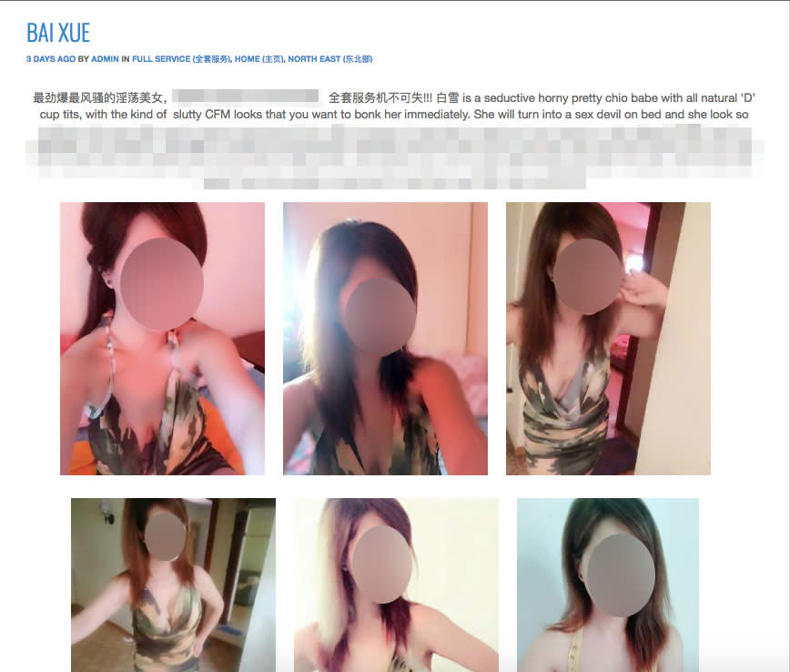 A screengrab of the online profile of one the women allegedly offering her sexual services from a heartland flat.