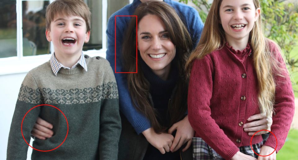 A photo of Kate Middleton, the Princess of Wales, and her family with flaws highlighted in red after the image was thought to be altered. 