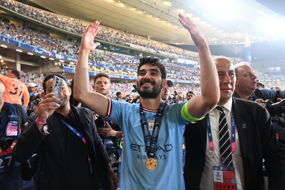 ISTANBUL, TURKIYE - JUNE 11: Ilkay Gundogan of Manchester City celebrates after his team's victory in the UEFA Champions League 2022/23 final match against Inter at Ataturk Olympic Stadium on June 11, 2023 in Istanbul,Turkiye. (Photo by Serhat Cagdas/Anadolu Agency via Getty Images)