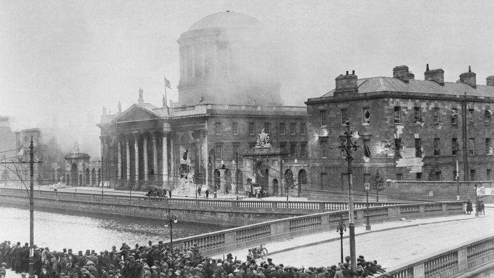 The 1922 burning of the Four Courts in Dublin resulted in the loss of many important documents and records. - Bettmann/Getty Images