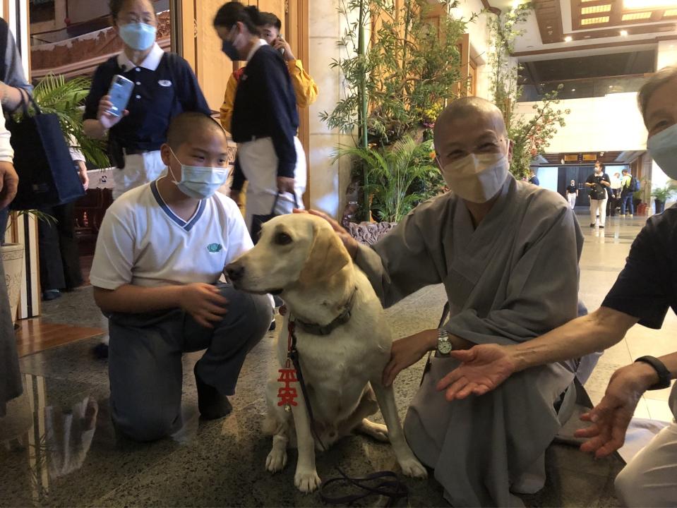 出席在花蓮靜思堂舉辦安心祈福會的花蓮縣消防局搜救犬Hero，獲靜思精舍釋德勱法師贈予「平安」吊飾。