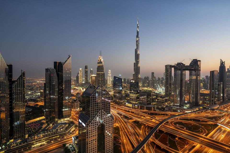 city skyline in dubai at sunset