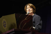 Sen. Amy Klobuchar, D-Minn., speaks during funeral services of Daunte Wright at Shiloh Temple International Ministries in Minneapolis, Thursday, April 22, 2021. Wright, 20, was fatally shot by a Brooklyn Center, Minn., police officer during a traffic stop. (AP Photo/John Minchillo, Pool)