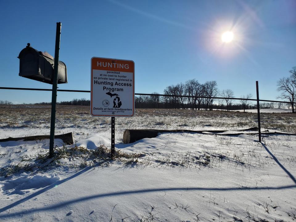The check-in station at a former Hunting Access Program property in Lenawee County basks in some late winter sun. Hunters sign in here and check for other users, then may hunt on the property if the capacity is not yet reached.