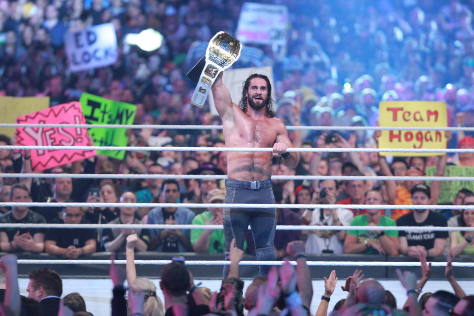 Seth Rollins celebrates after winning the Intercontinental title at WrestleMania 34 (Photo courtesy of WWE)