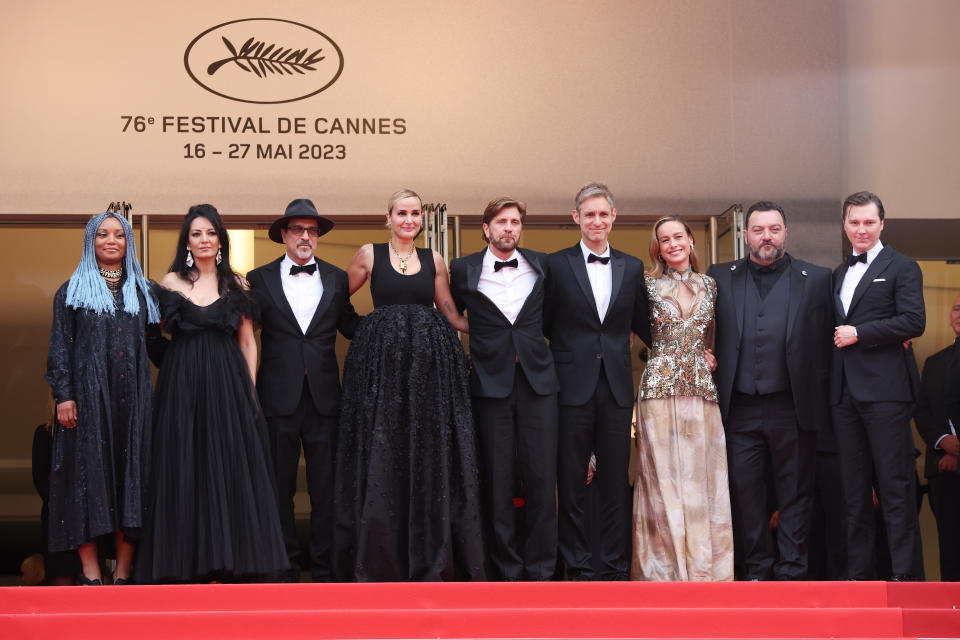 CANNES, FRANCE - MAY 16: (L to R) Members of the Jury Rungano Nyoni, Maryam Touzani, Atiq Rahimi, Julia Ducournau, President of the Jury Ruben Östlund, Damian Szifron, Brie Larson, Denis Ménochet and Paul Dano attend the "Jeanne du Barry" Screening & opening ceremony red carpet at the 76th annual Cannes film festival at Palais des Festivals on May 16, 2023 in Cannes, France. (Photo by Daniele Venturelli/WireImage)