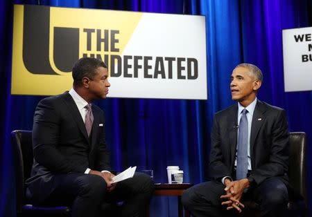 U.S. President Barack Obama attends a town hall interview with ESPN anchor Stan Verrett on "race, sports and achievements" at North Carolina Agricultural and Technical State University in Greensboro, North Carolina, U.S. October 11, 2016. REUTERS/Carlos Barria