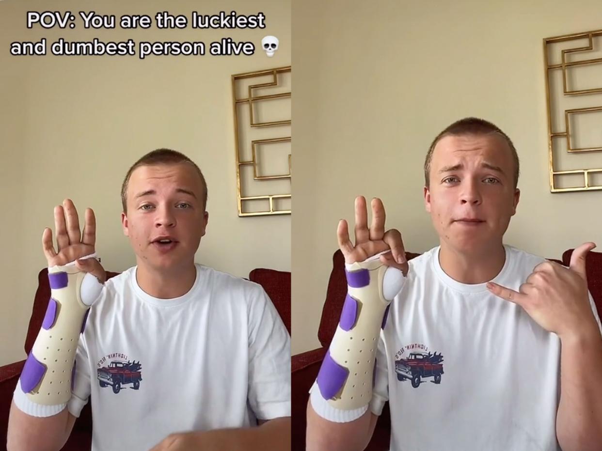 Side-by-side screenshots of a video uploaded by @gray.davis showing a person in a cast. the photo on the left also has the text "POV: You are the luckiest and dumbest person alive"