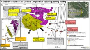 East Gouldie Longitudinal and Cross Sections Demonstrating Infill Drilling Results and East Extension Exploration Drilling Results Highlights.