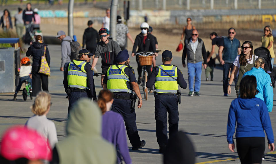 Victoria Police Protective Services Officers patrol St Kilda beach in Melbourne. Source: AAP