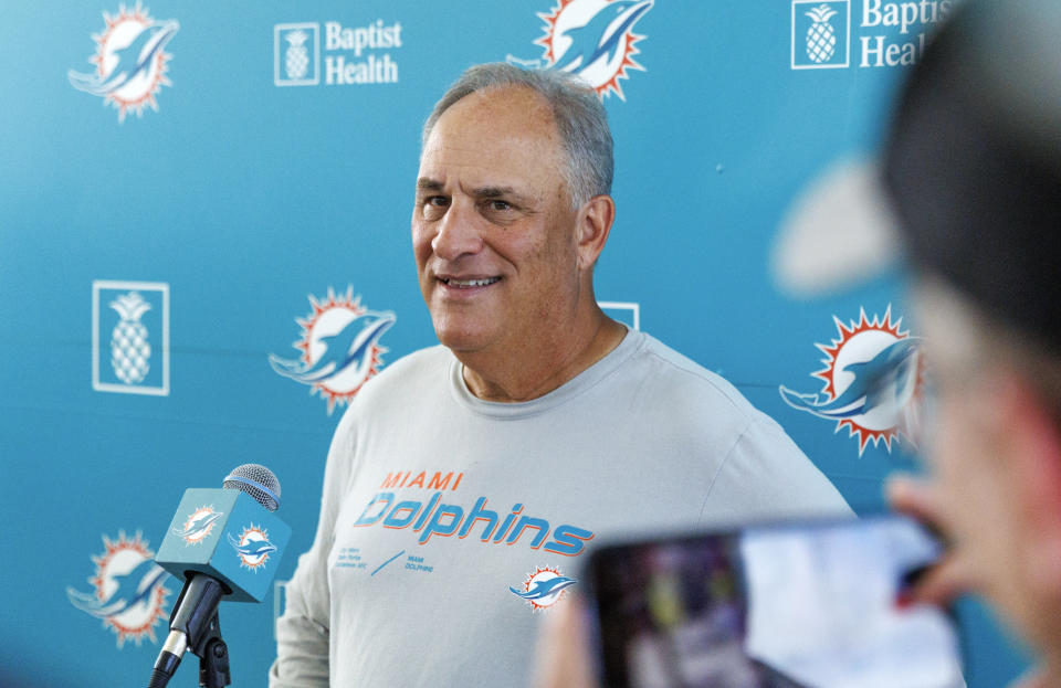 Miami Dolphins defensive coordinator Vic Fangio speaks with the media before NFL football training camp at Baptist Health Training Complex in Hard Rock Stadium, Tuesday, Aug. 22, 2023 in Miami Gardens, Fla. (David Santiago/Miami Herald via AP)