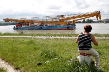 The floating crane Adam Clark arrives on the Danube river in Budapest