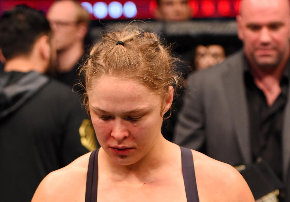 MELBOURNE, AUSTRALIA - NOVEMBER 15:  Ronda Rousey looks on after losing her championship title by KO (head kick and punches) to Holly Holm (not pictured) in two rounds of their UFC women's bantamweight championship bout during the UFC 193 event at Etihad Stadium on November 15, 2015 in Melbourne, Australia.  (Photo by Josh Hedges/Zuffa LLC/Zuffa LLC via Getty Images)