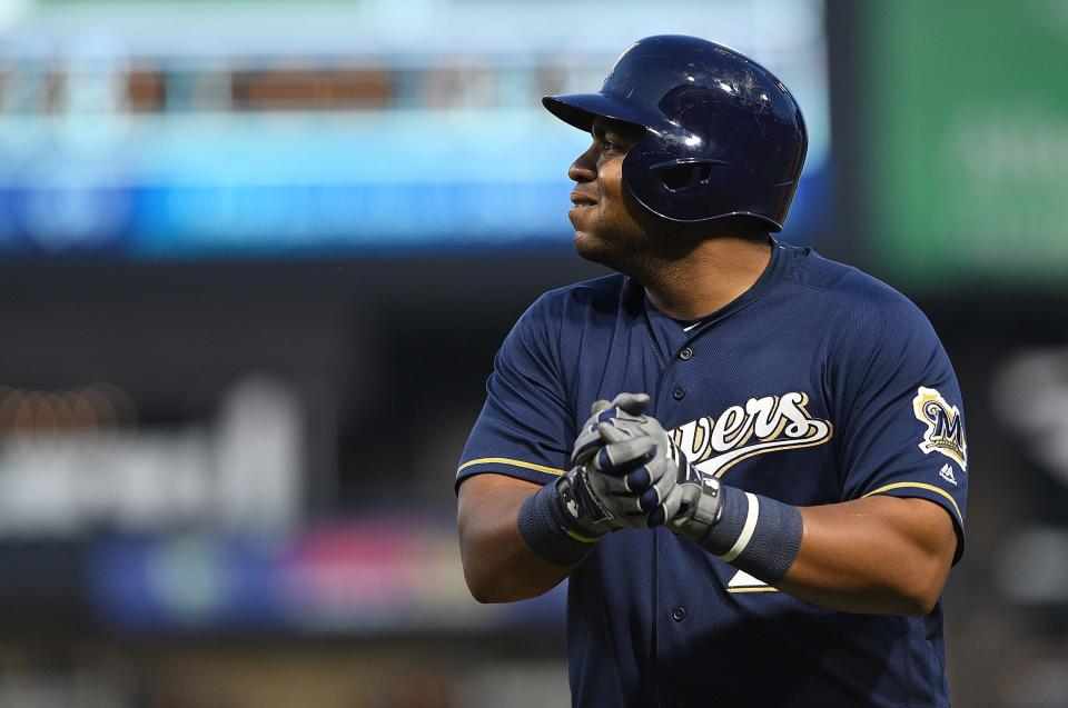 Jesús  Aguilar reacts after flying out to center field in the sixth inning during the game against the Pittsburgh Pirates at PNC Park on July 12, 2018 in Pittsburgh, Pennsylvania.