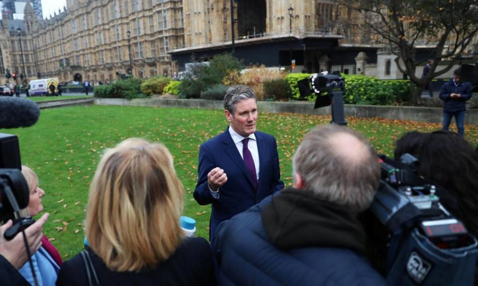 Keir Starmer speaking to the media at Westminster on Thursday. 