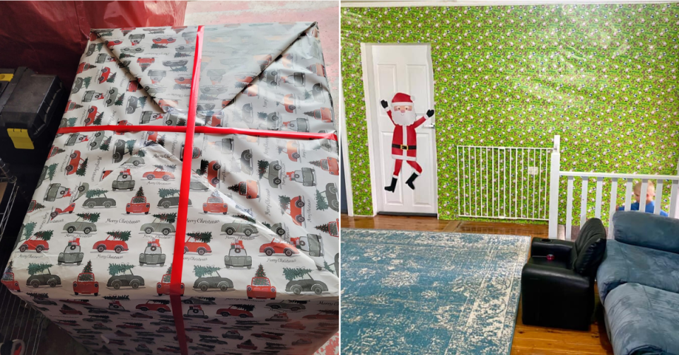 Left: A big Christmas present all wrapped up; Right: A room wallpapered in Aldi jumbo wrap