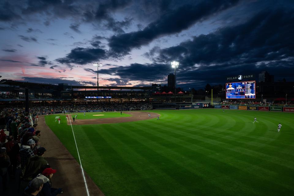 The sun sets on Polar Park during a recent game.