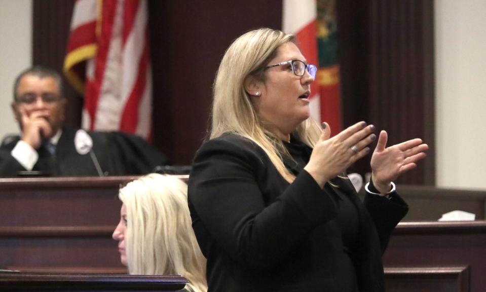 Defense attorney Lily McCarty gives her opening statement, Wednesday, Sept. 7, 2022, during Noah Motto's trial at the S. James Foxman Justice Center in Daytona Beach. Motto is charged with vehicular homicide and leaving the scene of a fatal accident that killed Ericka Dane on March 24, 2021.