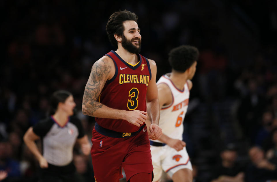 Cleveland Cavaliers guard Ricky Rubio (3) smiles after making a three-point shot against the New York Knicks during the second half of an NBA basketball game in New York, Sunday, Nov. 7, 2021. (AP Photo/Noah K. Murray)