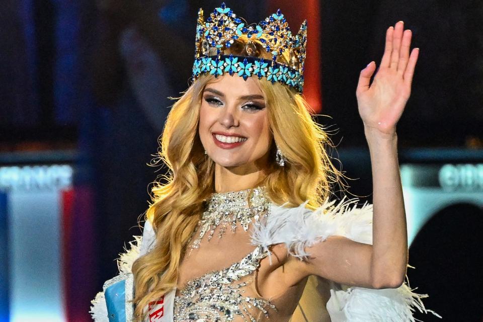 Krystyna Pyszková of the Czech Republic greets the audience after winning the 71st Miss World pageant at the Jio World Convention Centre in Mumbai, India, on March 9.