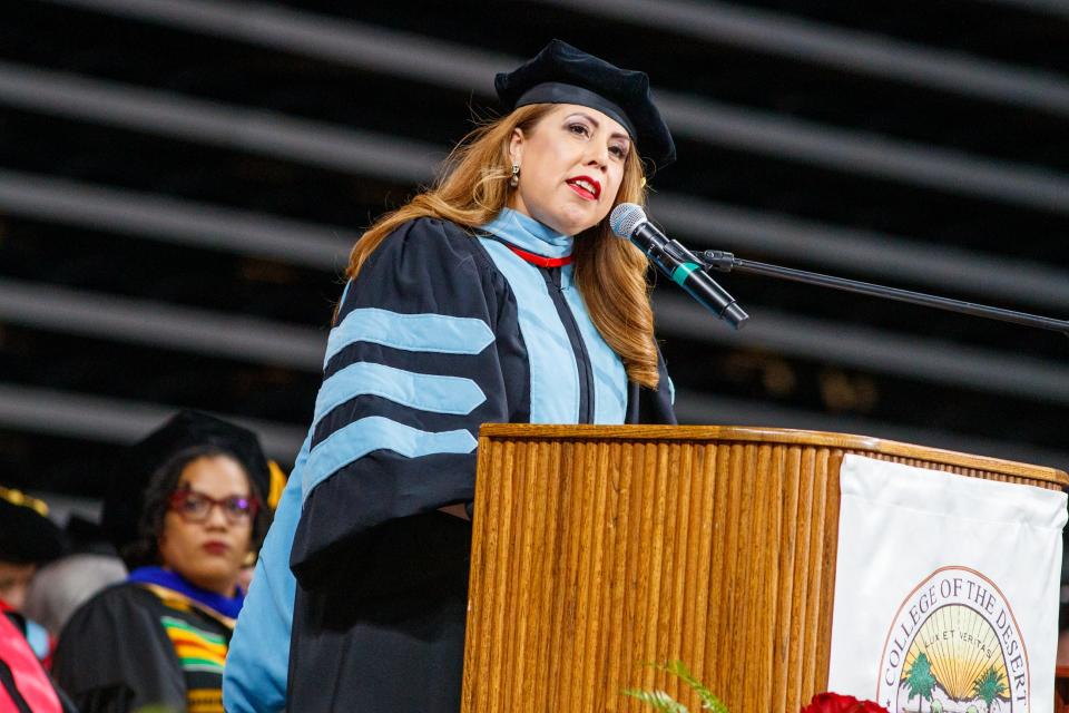 Then-College of the Desert Superintendent/President Martha Garcia, Ed.D. gives remarks during the College of the Desert 2023 Commencement ceremony at Acrisure Arena in Palm Desert, Calif., on Wednesday, May 24, 2023.