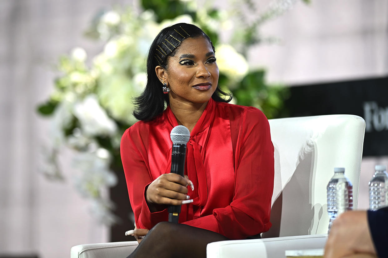 NEW YORK, NEW YORK - SEPTEMBER 11: Jordan Chiles speaks at Forbes Power Women's Summit 2024 on September 11, 2024 in New York City. (Photo by Steven Ferdman/Getty Images)