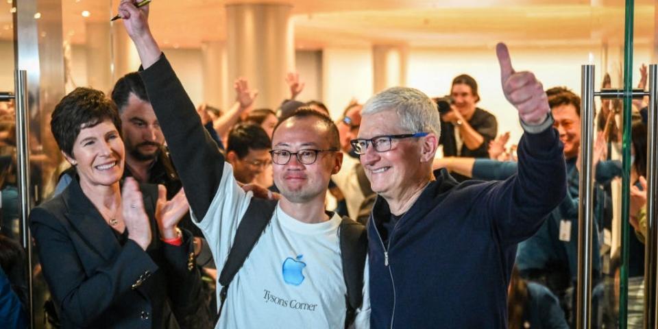 Apple CEO Tim Cook at the opening of Shanghai's new Apple retail store in Shanghai on March 21, 2024.