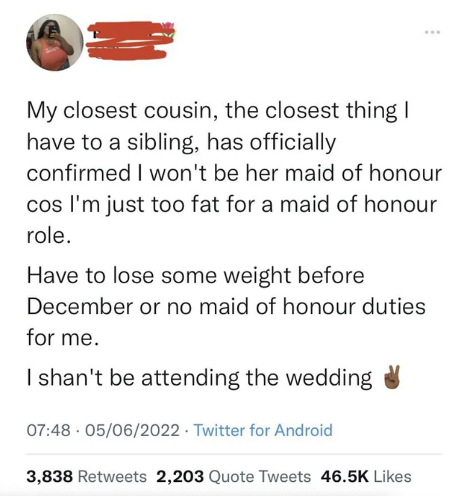 message to lose the weight or else they can't be in the wedding