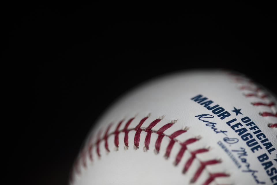MAY 19: An official Rawlings Major League Baseball for the 2020 Major League Baseball season showing the red stitching and markings and the signature of MLB commissioner Rob Manfred on the19th May 2020 (Photo by Tim Clayton/Corbis via Getty Images)