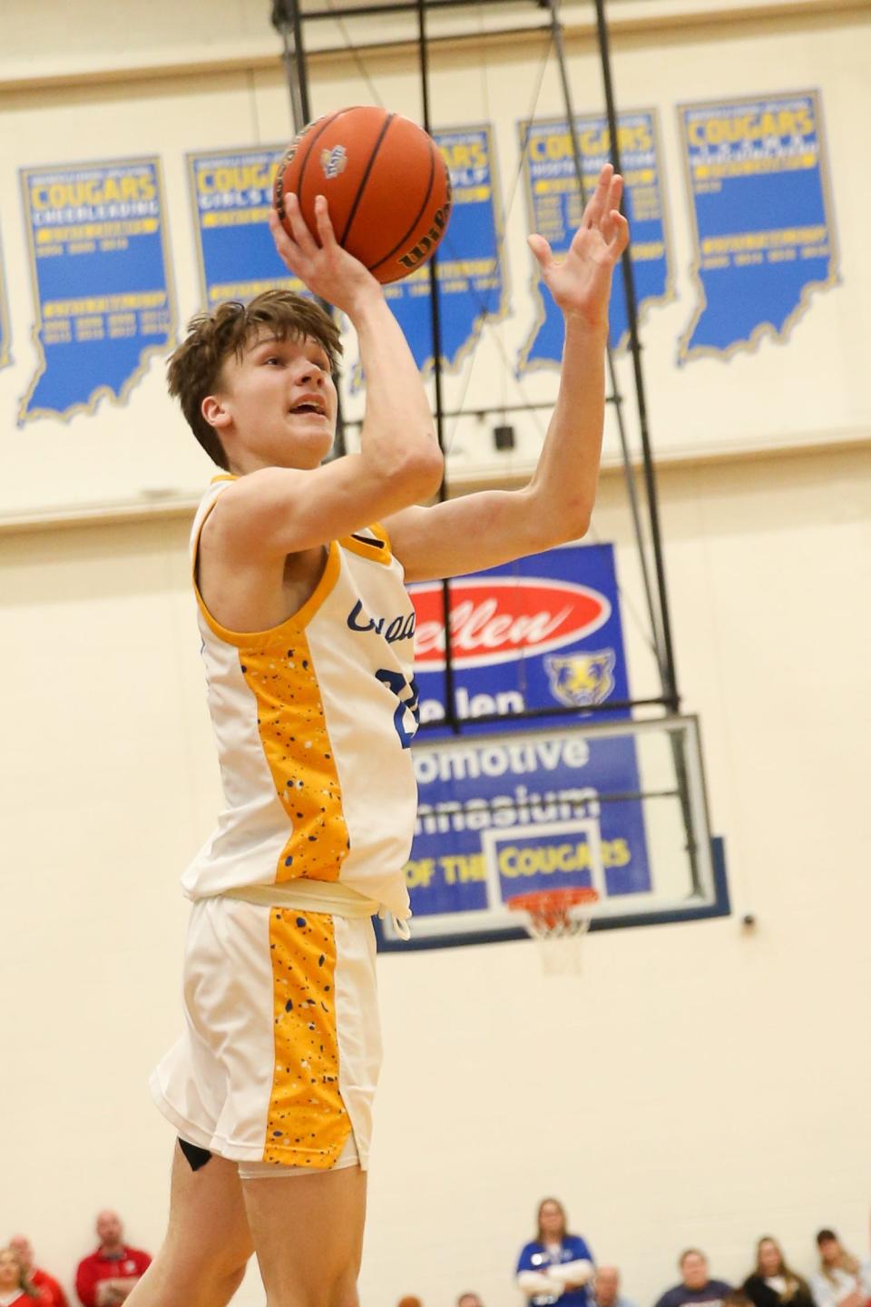 Greenfield Centrals's Braylon Mullins (24) goes in for a shot as New Palestine takes on Greenfield Central High School during the IHSAA Class 4A S9 Boys Basketball Sectinal Championship, Mar 2, 2024; Greenfield, IN, USA; at Greenfield-Central High School.