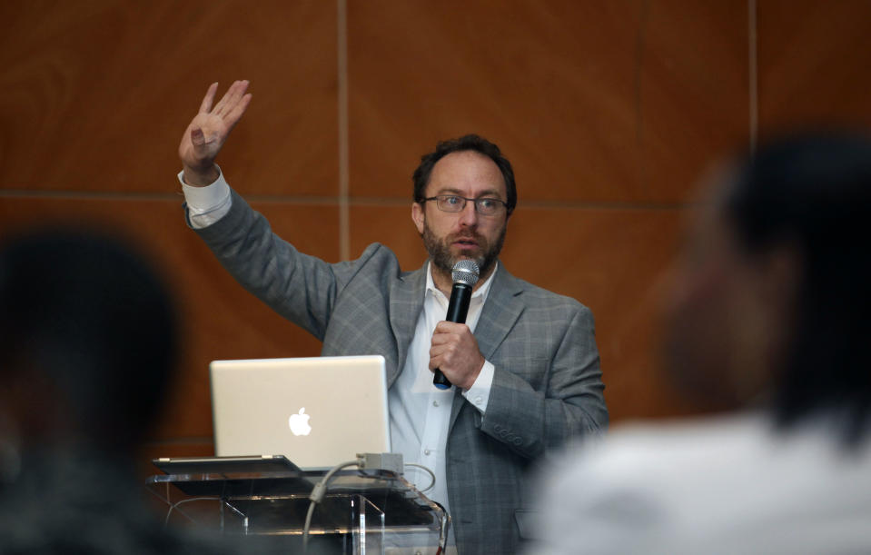 Jimmy Wales, the founder of Wikipedia speaks during a seminar on youth marketing in Africa in Lagos, Nigeria,Tuesday, March. 27, 2012. The man who helped found Wikipedia says the end of the printing of the Encyclopaedia Britannica signals a new beginning for reference materials online. (AP Photo/Sunday Alamba)