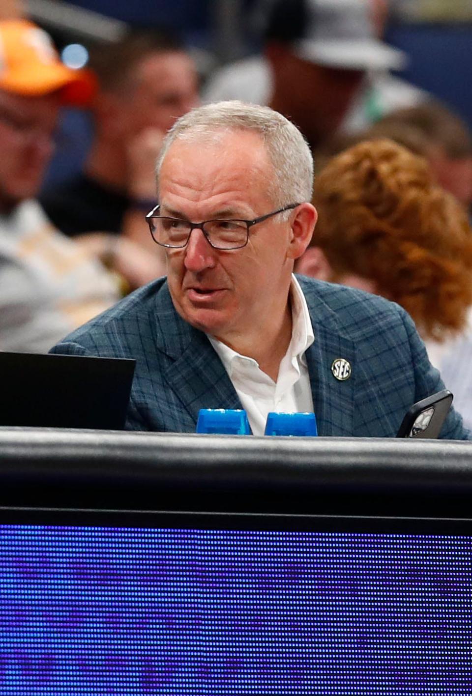 Commissioner Greg Sankey takes in the Mississippi-Missouri game during the SEC tournament at Amalie Arena.