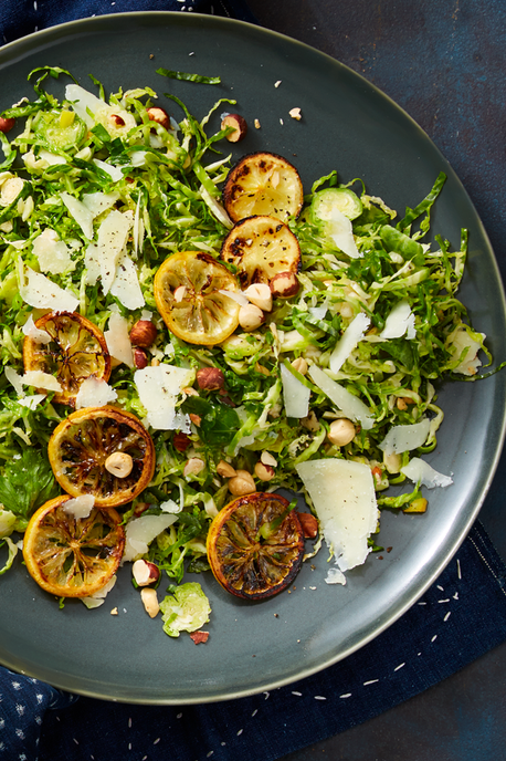 7) Shaved Brussels Sprout Salad with Hazelnuts, Broiled Lemon, and Pecorino