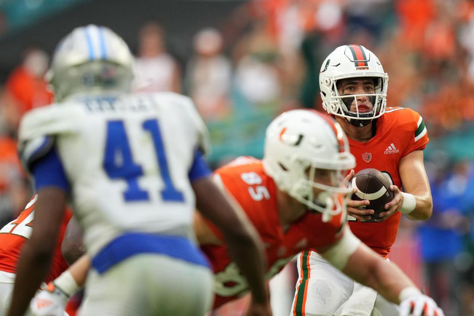 Jake Garcia took over at quarterback for Miami in the second half, completing 10 of 19 passes for 169 yards.