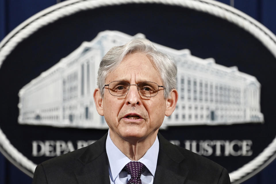 FILE - In this April 26, 2021, file photo Attorney General Merrick Garland speaks at the Department of Justice in Washington, The Justice Department is opening a sweeping probe into policing in Louisville after the March 2020 death of Breonna Taylor, who was shot to death by police during a raid at her home. (Mandel Ngan/Pool via AP)