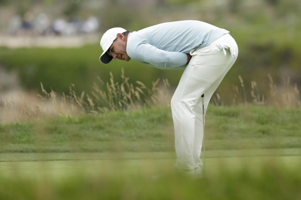 Brooks Koepka reacts after missing a birdie putt on the 18th hole during the final round of the U.S. Open Championship golf tournament Sunday, June 16, 2019, in Pebble Beach, Calif. (AP Photo/Matt York)