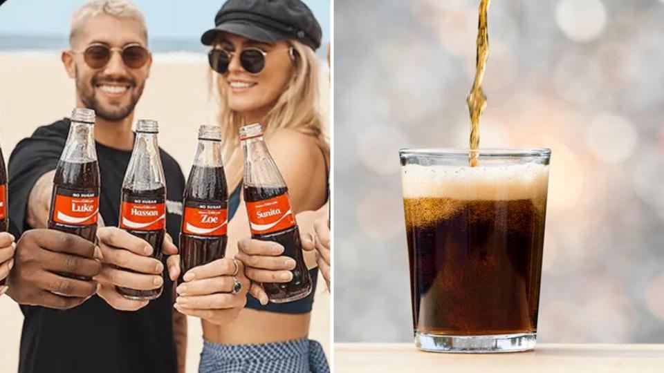 A man and woman holding Coca Cola bottles on the left, and Coke pouring into a glass on the right.