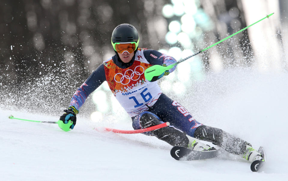 United States' Ted Ligety skis during the first run of the men's slalom at the Sochi 2014 Winter Olympics, Saturday, Feb. 22, 2014, in Krasnaya Polyana, Russia.(AP Photo/Luca Bruno)
