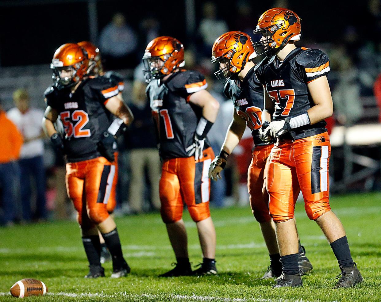 Lucas High School's Brayden Spitler (77) is seen on the field against Plymouth High School during high school football action at Lucas High School Friday, Oct. 6, 2023. TOM E. PUSKAR