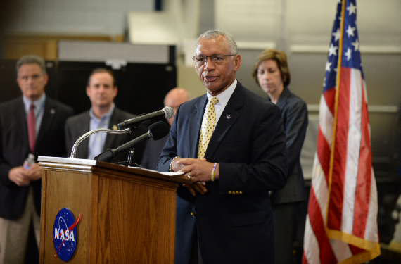 NASA Administrator Charles Bolden speaks to the media at Johnson Space Center May 16, 2013, from the Space Vehicle Mockup Facility.