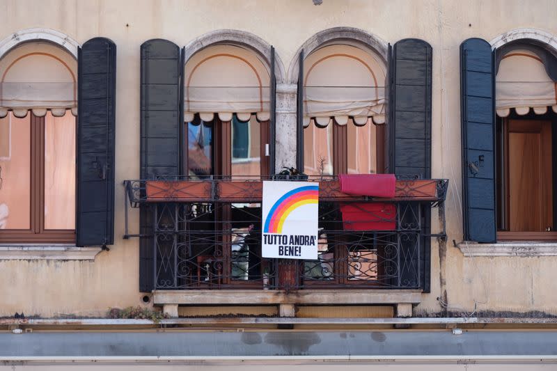 A banner with the motto "Andr? tutto bene - Everything will be ok" is seen in Venice on Sunday with an unprecedented lockdown across of all Italy imposed to slow the outbreak of coronavirus