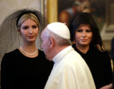 <p>Pope Francis walks past Ivanka Trump, left, and First Lady Melania Trump on the occasion of the private audience with President Donald Trump, at the Vatican, Wednesday, May 24, 2017. (Photo: Alessandra Tarantino, Pool/AP) </p>