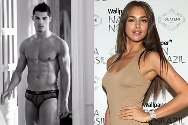 Cristiano Ronaldo (L) in his new campaign for Armani and current girlfriend, model Irina Shayk (R).
