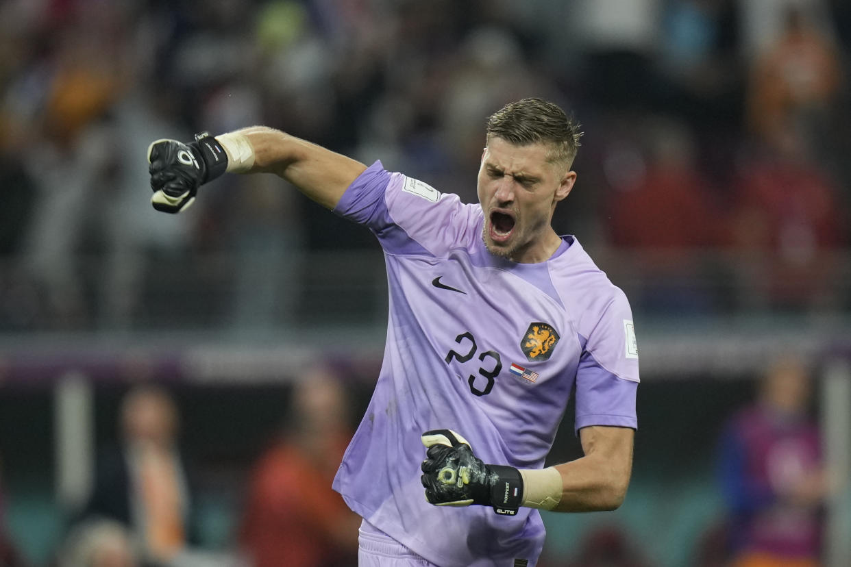 goalkeeper Andries Noppert of the Netherlands celebrates at the end of the World Cup round of 16 soccer match between the Netherlands and the United States, at the Khalifa International Stadium in Doha, Qatar, Saturday, Dec. 3, 2022. (AP Photo/Francisco Seco)