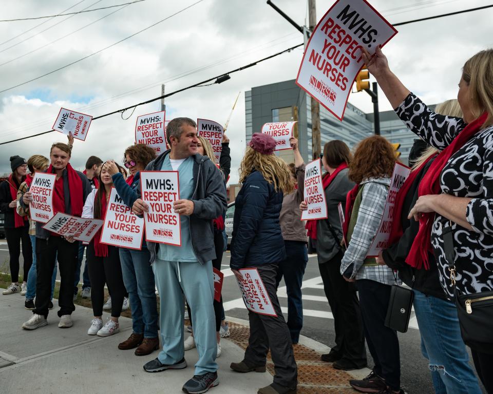 Registered nurses, employees of the Mohawk Valley Health System,  spoke out against anticipated changes to the wages and benefits of some nurses when the Wynn Hospital opens on Oct. 29 at an event in Utica on Tuesday, Oct. 17, 2023. The changes follow a vote in July for nurses from both the health system's existing hospitals to join the New York State Nurses Association, which had previously represented nurses at the health system's St. Elizabeth Campus.