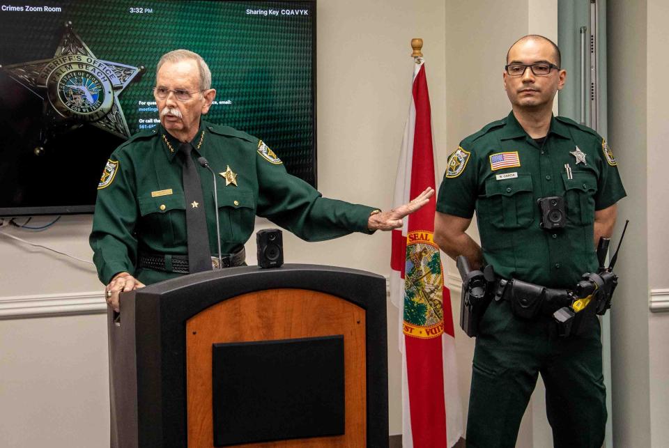 During a press conference at the Sheriff's office substation on Community Drive, Palm Beach County Sheriff Ric Bradshaw discusses the department’s new body cameras that have the ability to livestream incidents between sheriff’s deputies and the public, February 16, 2023. 