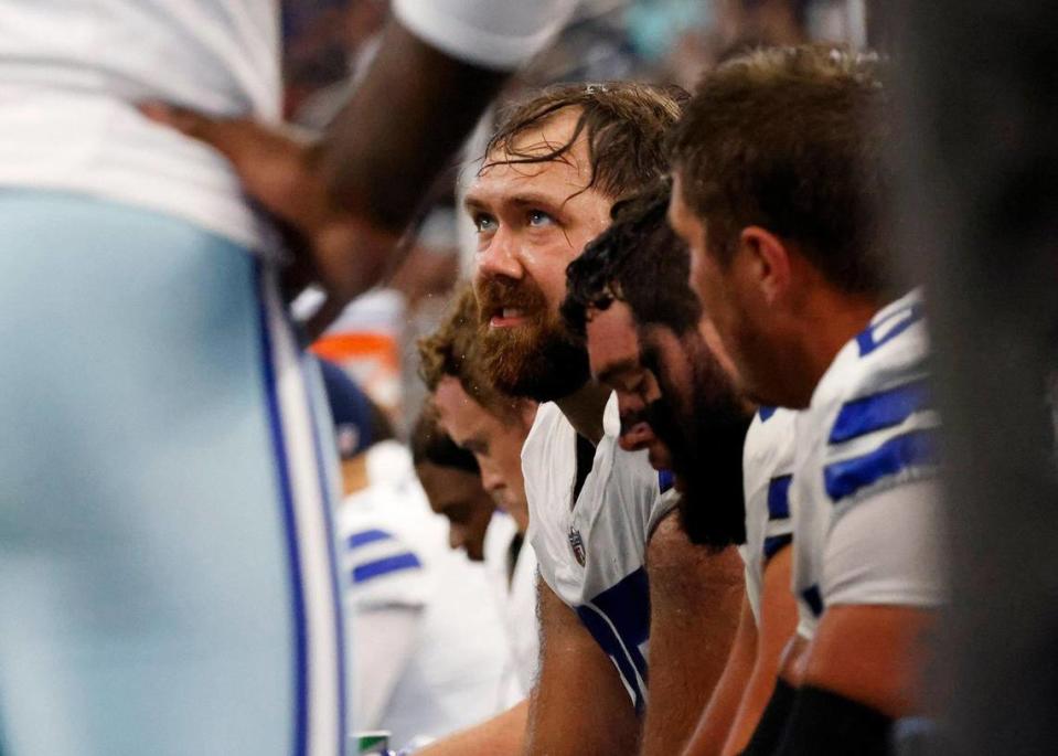 Dallas Cowboys right guard Josh Ball on the sideline with the offensive line during the second quarter against the Jacksonville Jaguars on Saturday, August 12, 2023, at AT&T Stadium in Arlington. Amanda McCoy/amccoy@star-telegram.com